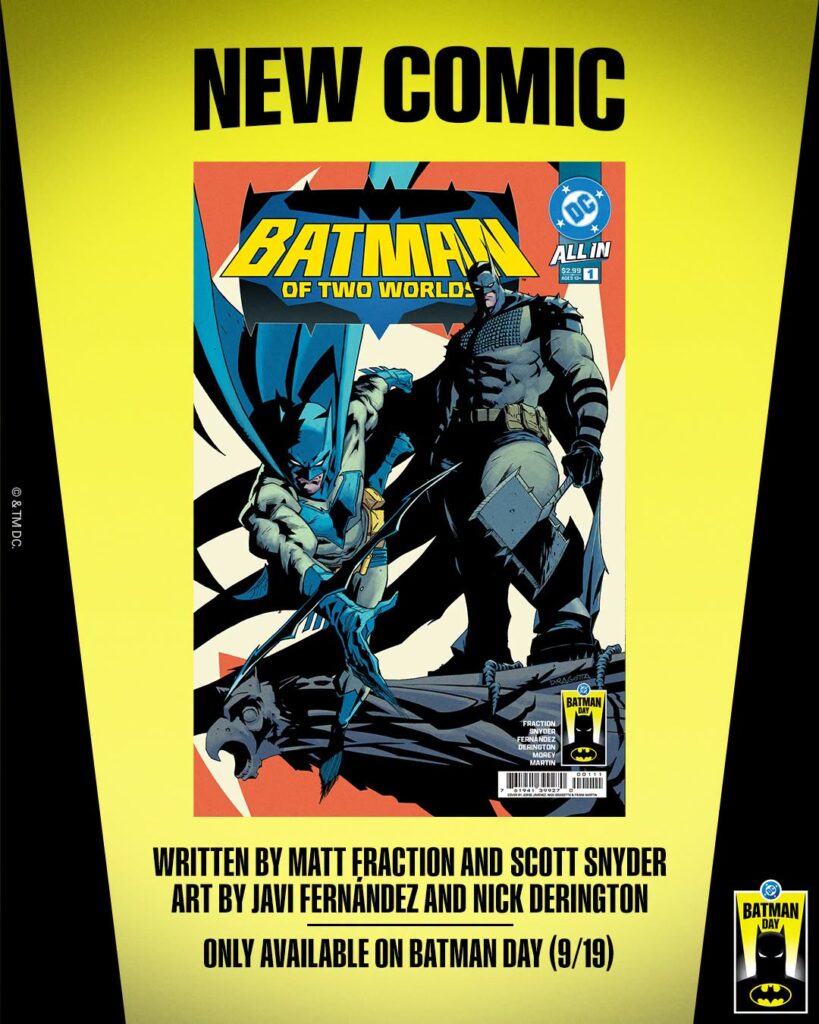 Batman of Two Worlds comic cover, written by Matt Fraction and Scott Snyder, art by Javi Fernández and Nick Derington