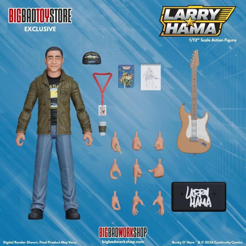 Larry Hama 1/12 scale action figure by BigBadWorkShop, BigBadToyStore exclusive, with guitar and sketchbook accessories