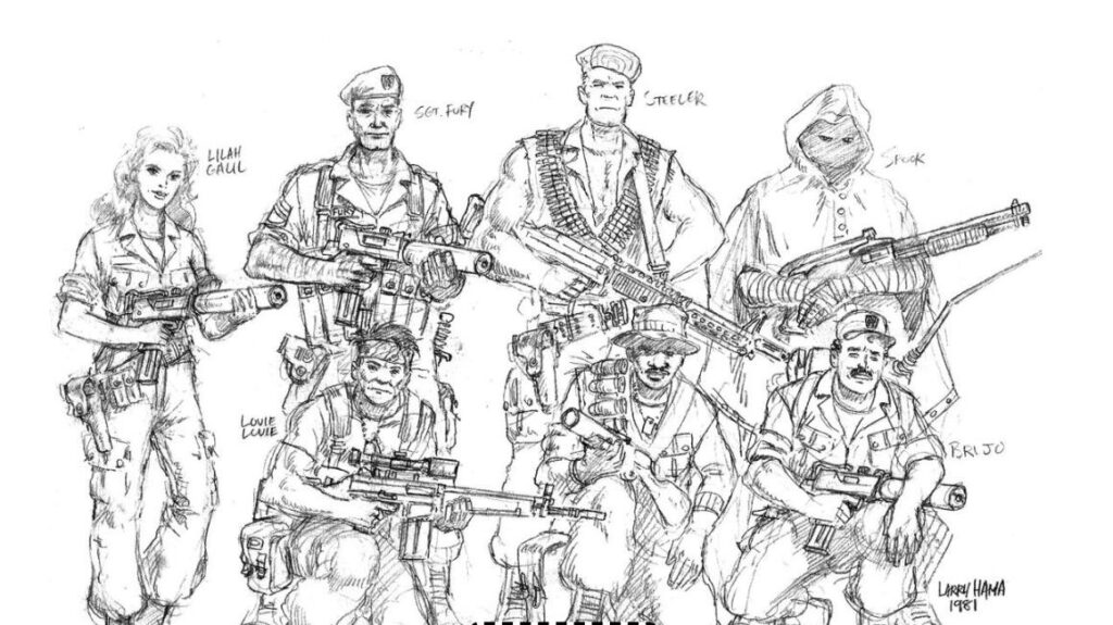 Larry Hama's original 1981 hand-drawn concept sketch for Fury Force, the precursor team to G.I. Joe: A Real American Hero