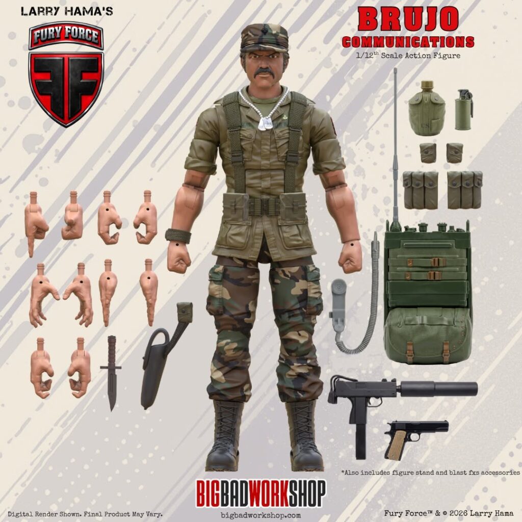 Larry Hama's Fury Force Brujo figure render — communications specialist with field radio backpack