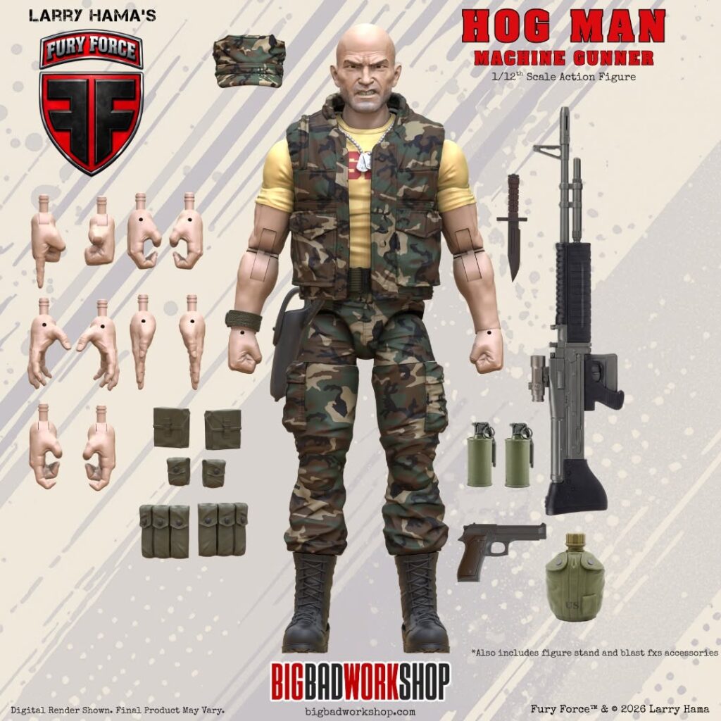 Larry Hama's Fury Force Hog Man figure render — machine gunner with belt-fed gun and camo vest