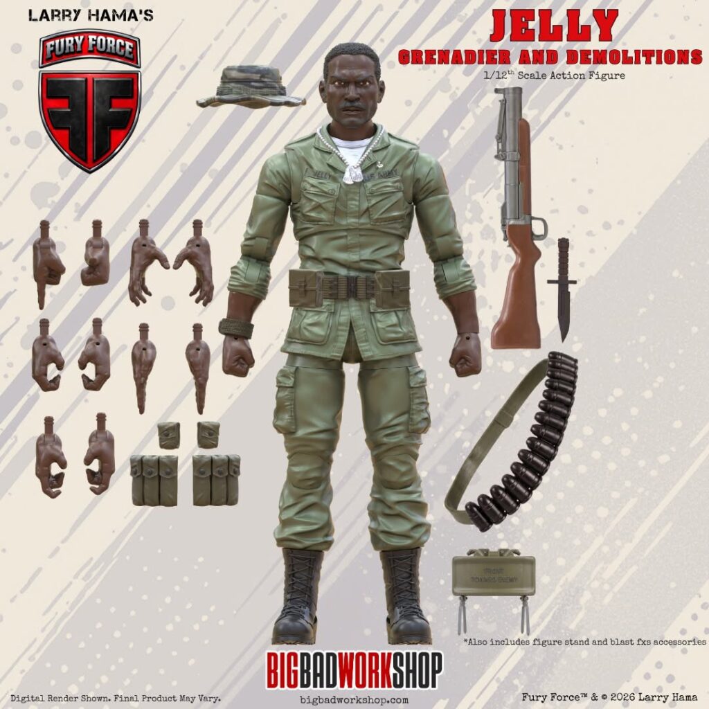 Larry Hama's Fury Force Jelly figure render — grenadier and demolitions expert with grenade launcher and Claymore mine