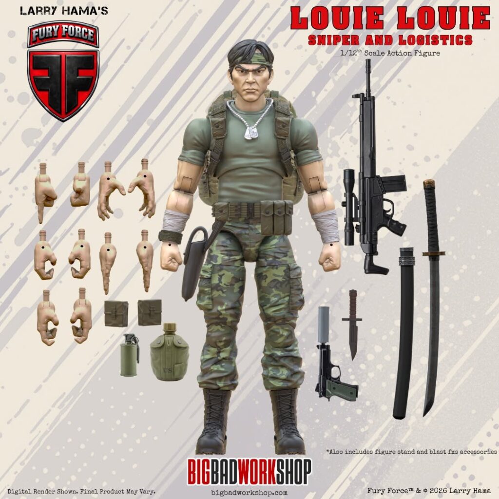 Larry Hama's Fury Force Louie Louie figure render — sniper and logistics expert with scoped rifle and katana