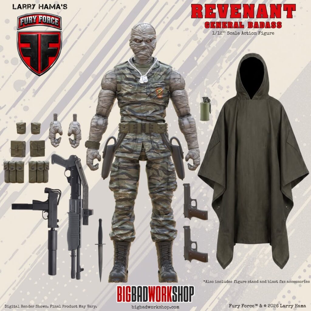 Larry Hama's Fury Force Revenant figure render — bandage-wrapped "General Badass" with tactical shotgun and poncho