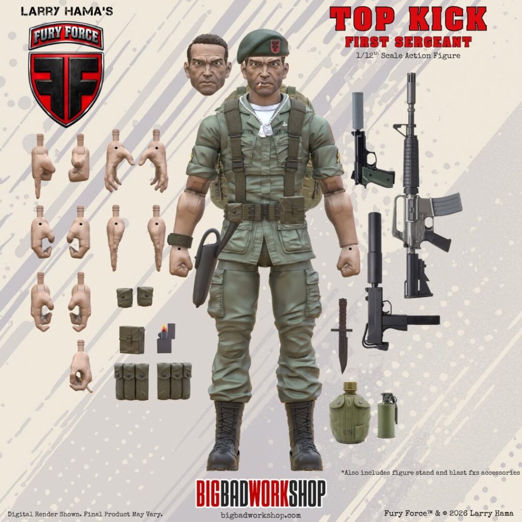 Larry Hama's Fury Force Top Kick figure render — First Sergeant with green beret, rifle, and full gear loadout