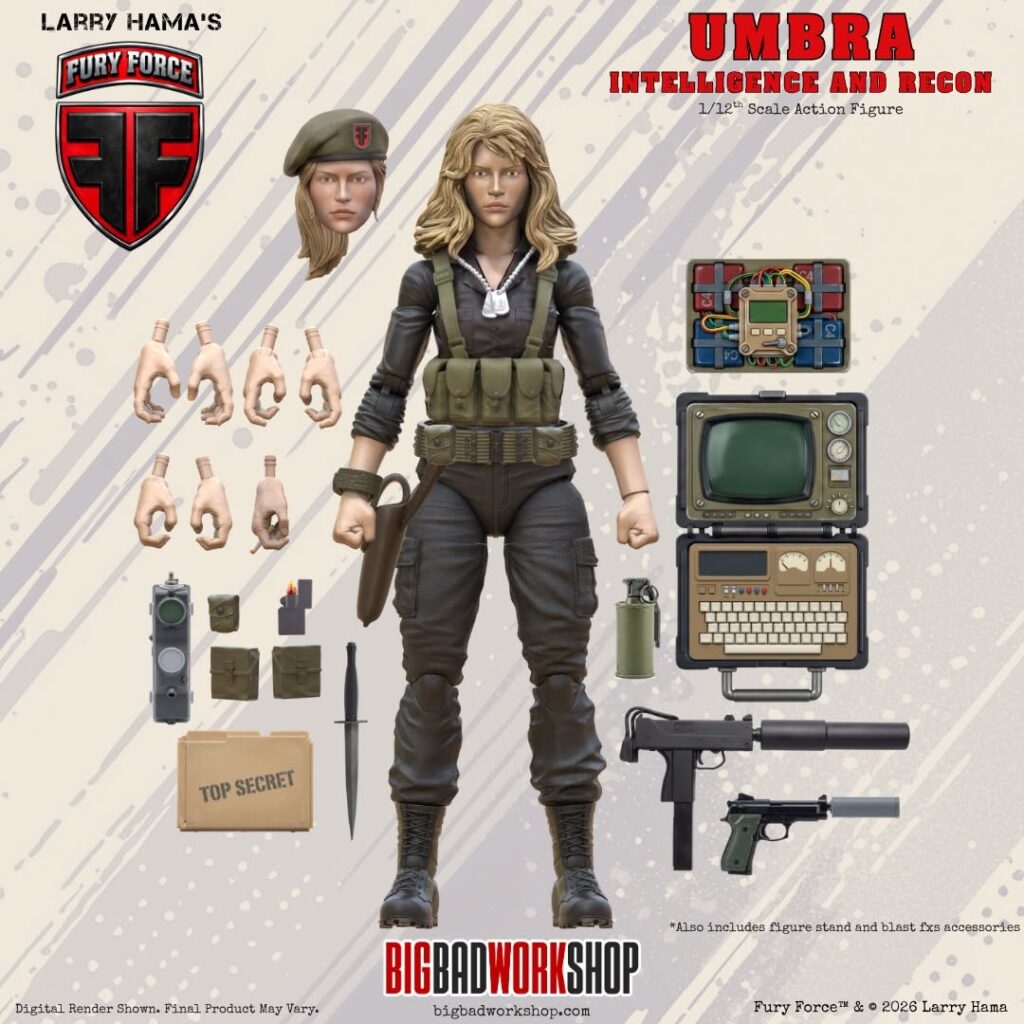 Larry Hama's Fury Force Umbra figure render — intelligence and recon officer with surveillance gear and C4