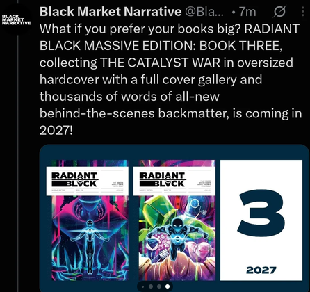 Radiant Black Massive Edition Book 3 announcement, collecting the Catalyst War, coming 2027