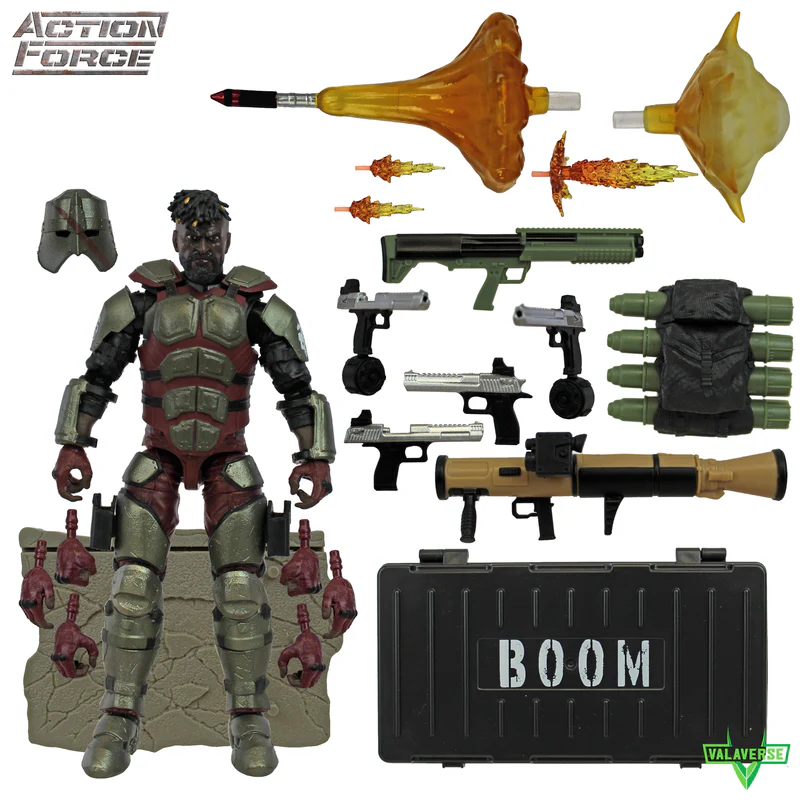 Valaverse Malice action figure accessories including rocket launcher, shotgun, Desert Eagle pistols, and missile backpack