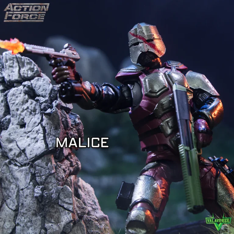 Valaverse Malice action figure posed firing a pistol from cover, showing armor detail