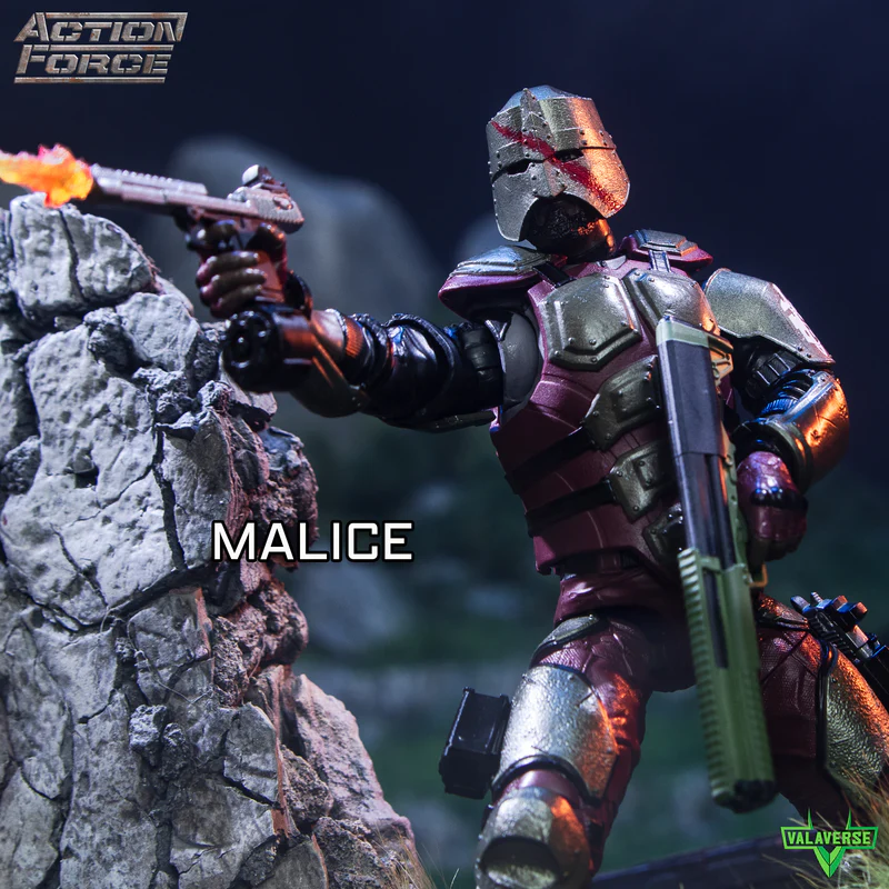 Valaverse Malice action figure posed firing a pistol from cover, showing armor detail