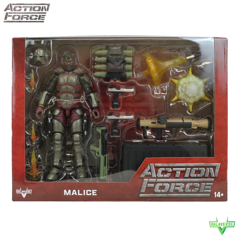 Valaverse Action Force Malice figure shown in retail packaging