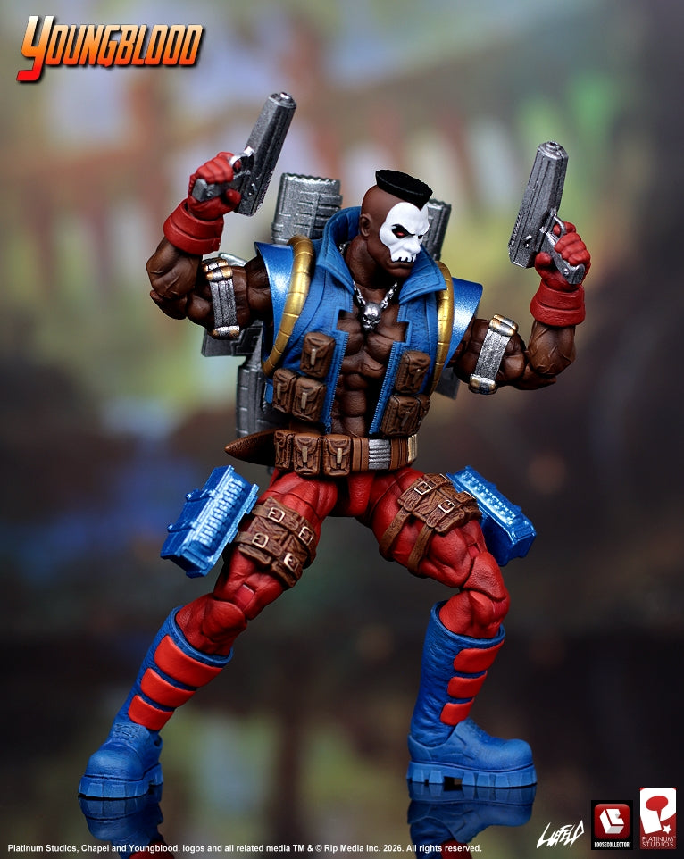 LooseCollector Youngblood Chapel action figure posed with two pistols in official prototype photography
